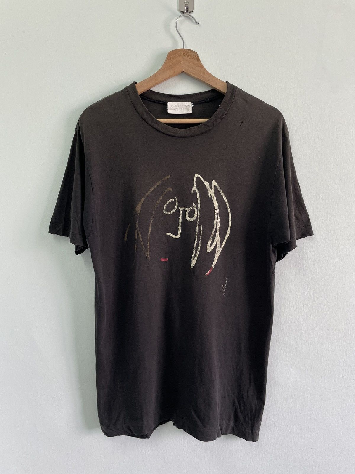 image of Band Tees x Vintage John Lennon Sunfaded & Distressed Tshirt in Faded Black, Men's (Size Medium)