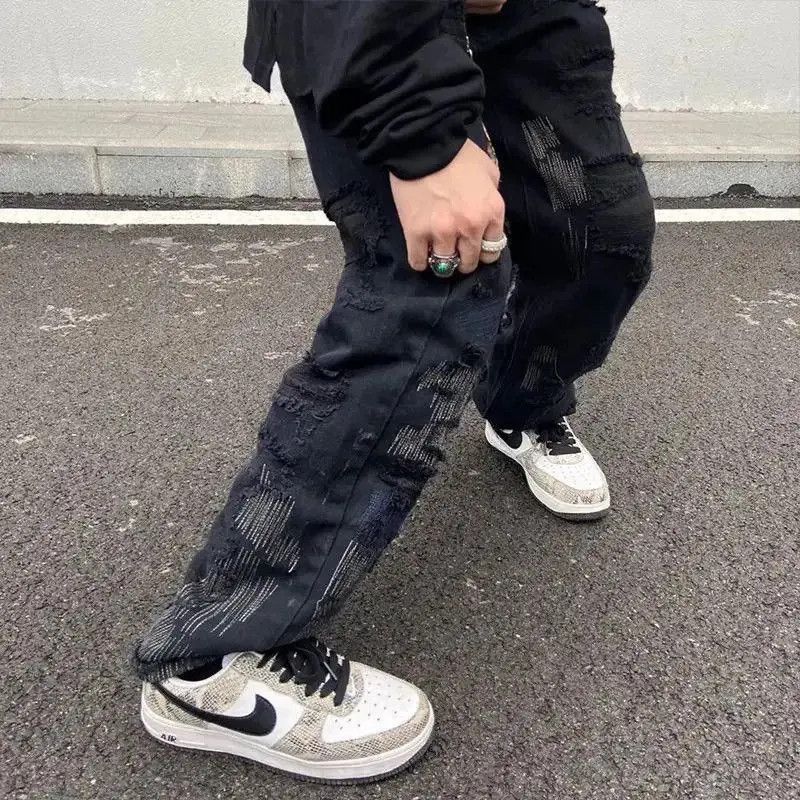 Japanese Brand Embroidered patch hole straight jeans stitching jogging pant Size US 32 / EU 48 - 5 Thumbnail