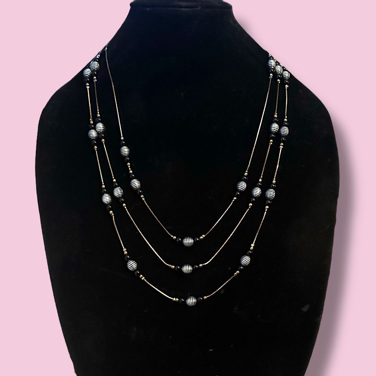 Vintage Vintage gold tone layered station silver black bead necklace Size ONE SIZE - 1 Thumbnail