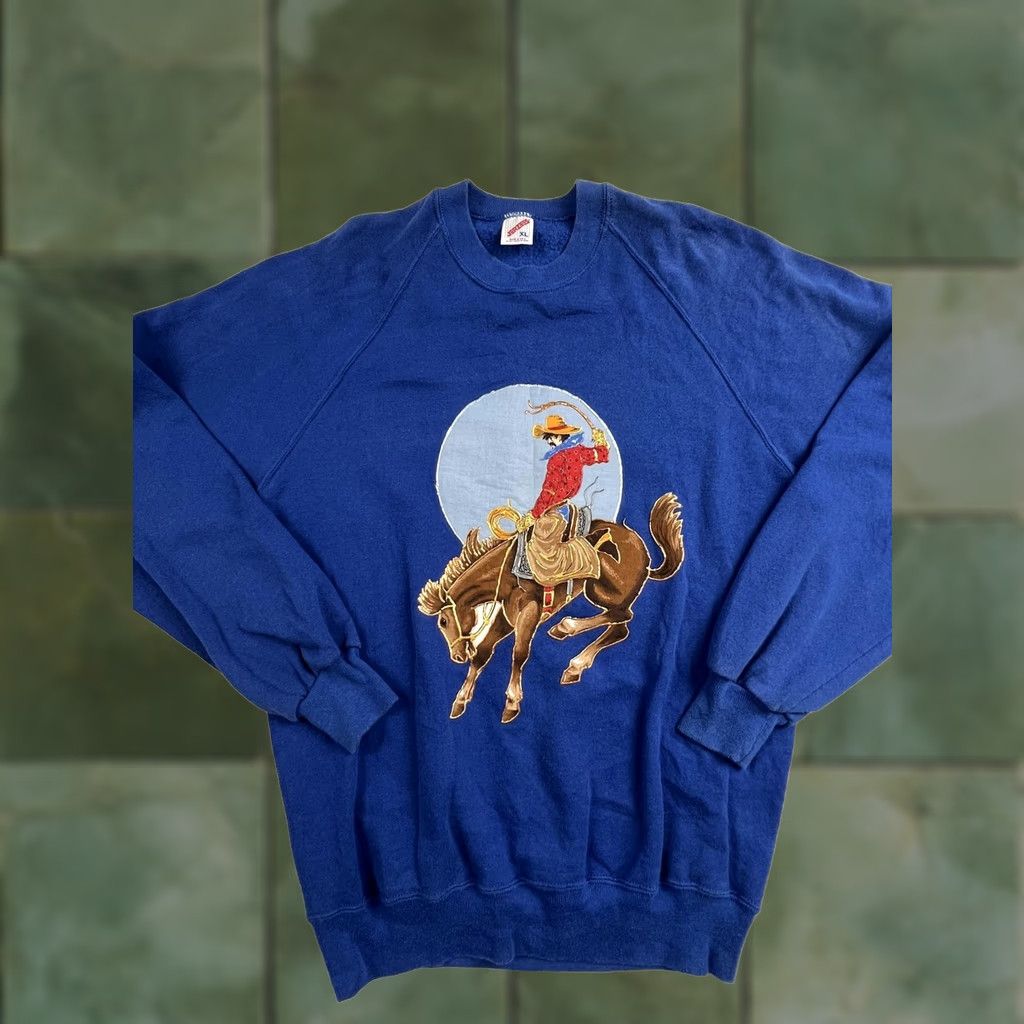 Jerzees VINTAGE Jerzees Sweatshirt Mens XL Blue Cowboy Horse Western Graphic USA 90s Size US XL / EU 56 / 4 - 1 Thumbnail