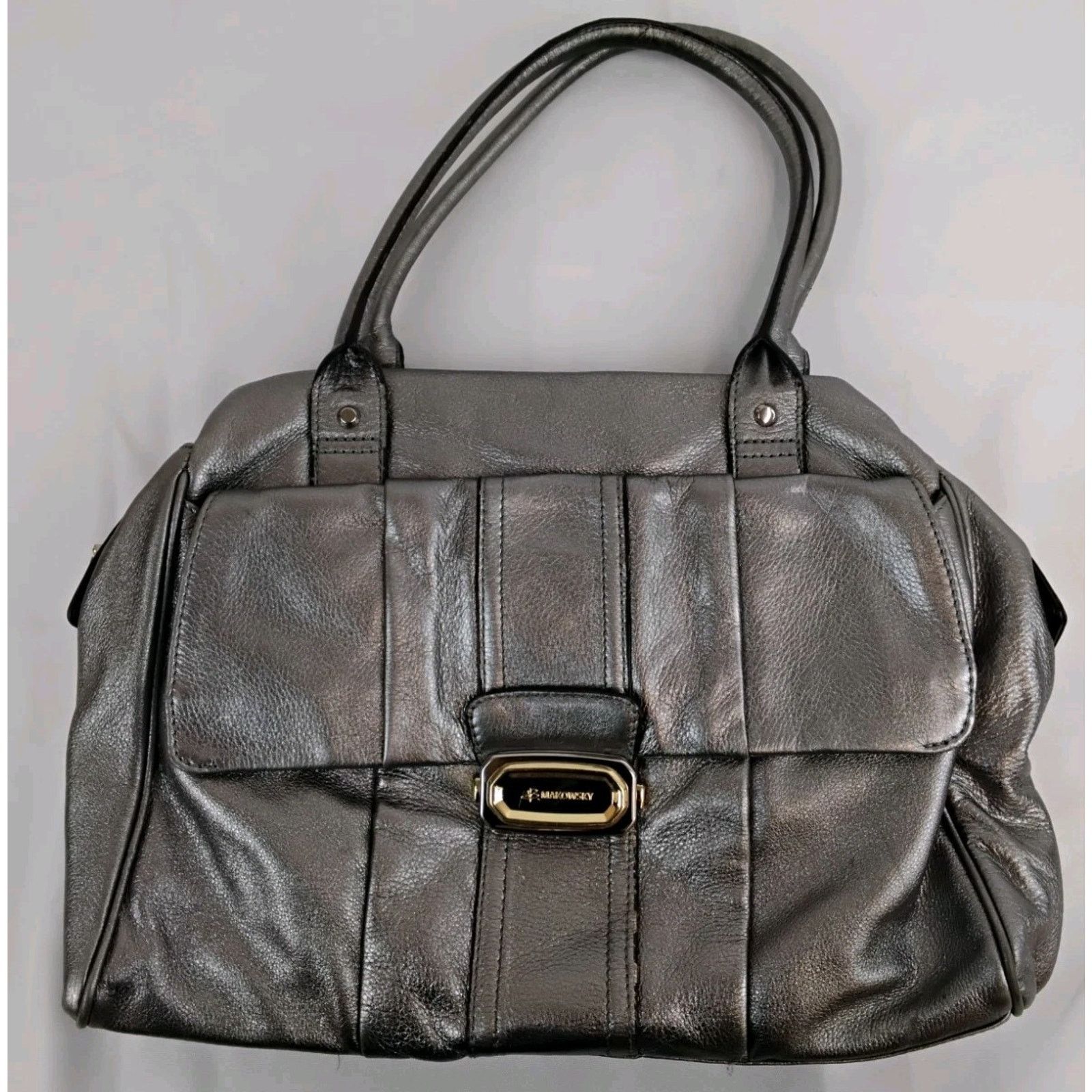 Other B Makowsky Silver Leather Handbag Top Handles Slouch Purse Size ONE SIZE - 3 Thumbnail