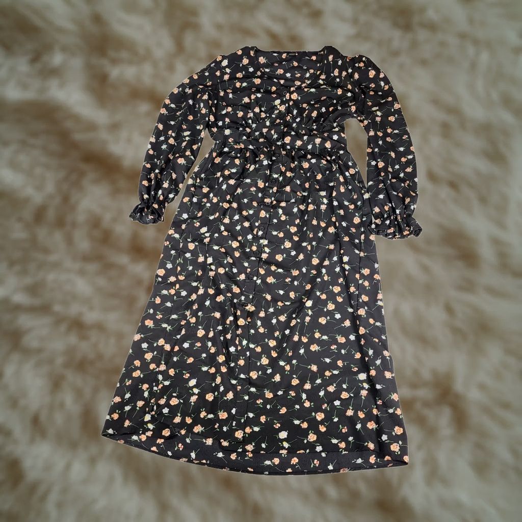 Shein SHEIN Floral Midi Dress Button Down V-Neck Long Sleeve Ruffle Empire  Waist Multicolor Black 90s Boho Cottagecore Casual Dress Girls? | Grailed