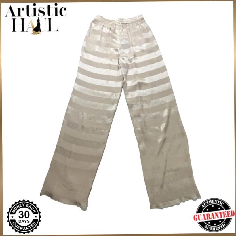 Armani Armani Women Beig​e Striped Wide-Leg Pants 42 Elastic Waist - Satin Front Flat 30 in Inseam Size 28" / US 6 / IT 42 - 2 Thumbnail