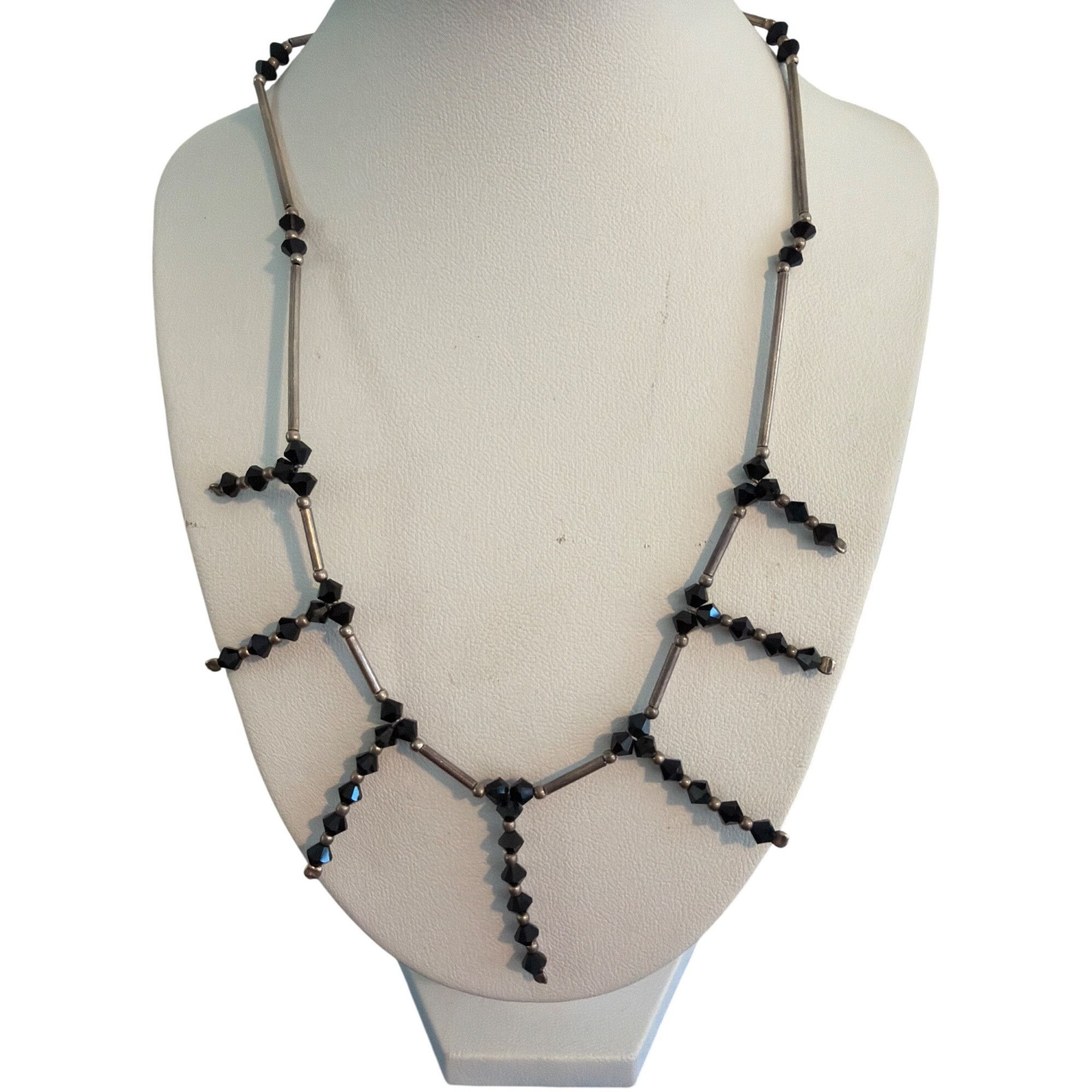 Other Vintage Sterling Silver Black Crystal Beaded Necklace Fringe Size ONE SIZE - 1 Thumbnail
