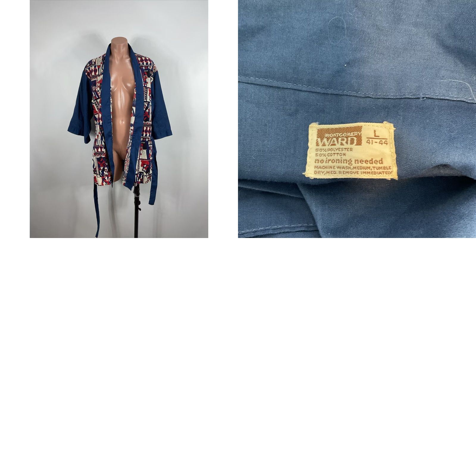 Vintage VINTAGE Montgomery Ward Smoking Jacket Belted Robe L Egyptian Print 70s Blue Robe Mens Size US 33 - 8 Thumbnail