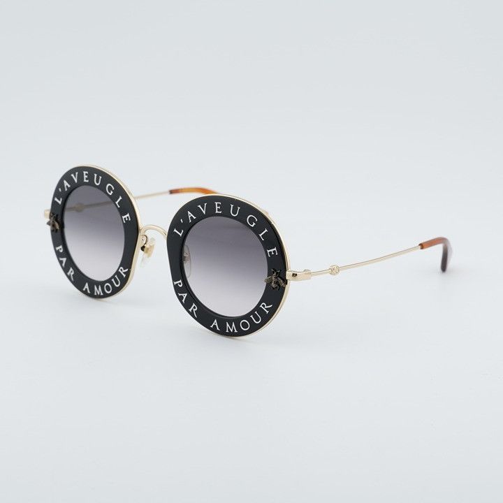 Gucci Gucci GG0113S 001 Sunglasses Black Gold Round Frame, Grey Size ONE SIZE - 2 Thumbnail