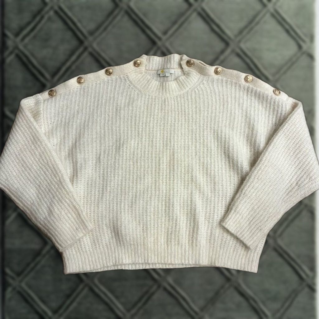 Boden Fluffy Ribbed Button Jumper Sweater Cream Wool Mohair Blend Size L Women Regular Pullover Knit
