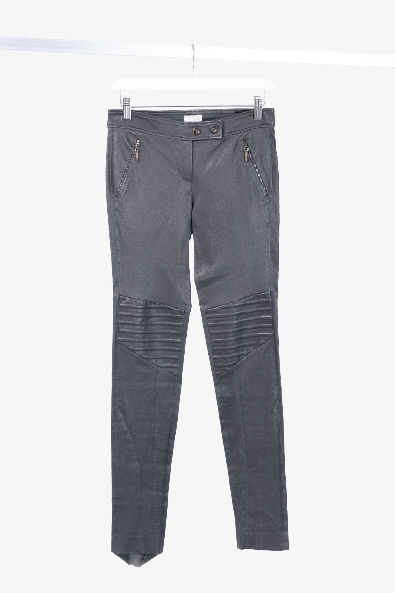 Brunello Cucinelli Brunello Cucinelli Grey Leather Quilted Moto Skinny Pants Size 27" / US 4 / IT 40 - 1 Thumbnail