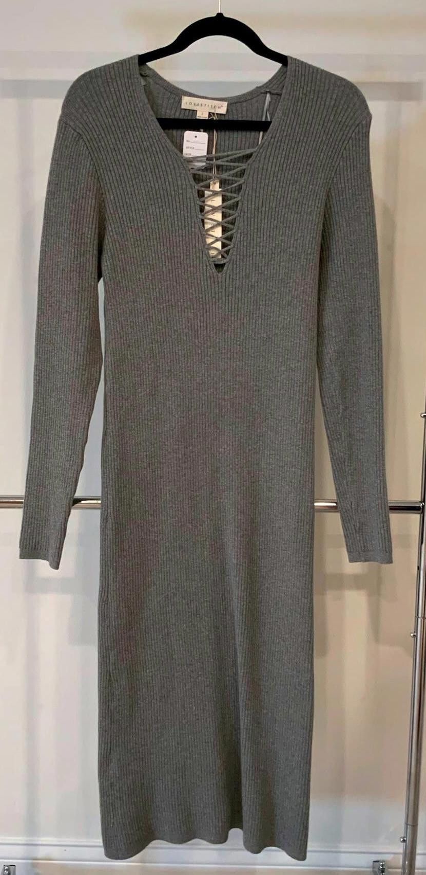 Designer Lovestitch Women's Ribbed Knit Midi Dress - Size L - Gray Size L / US 10 / IT 46 - 1 Thumbnail