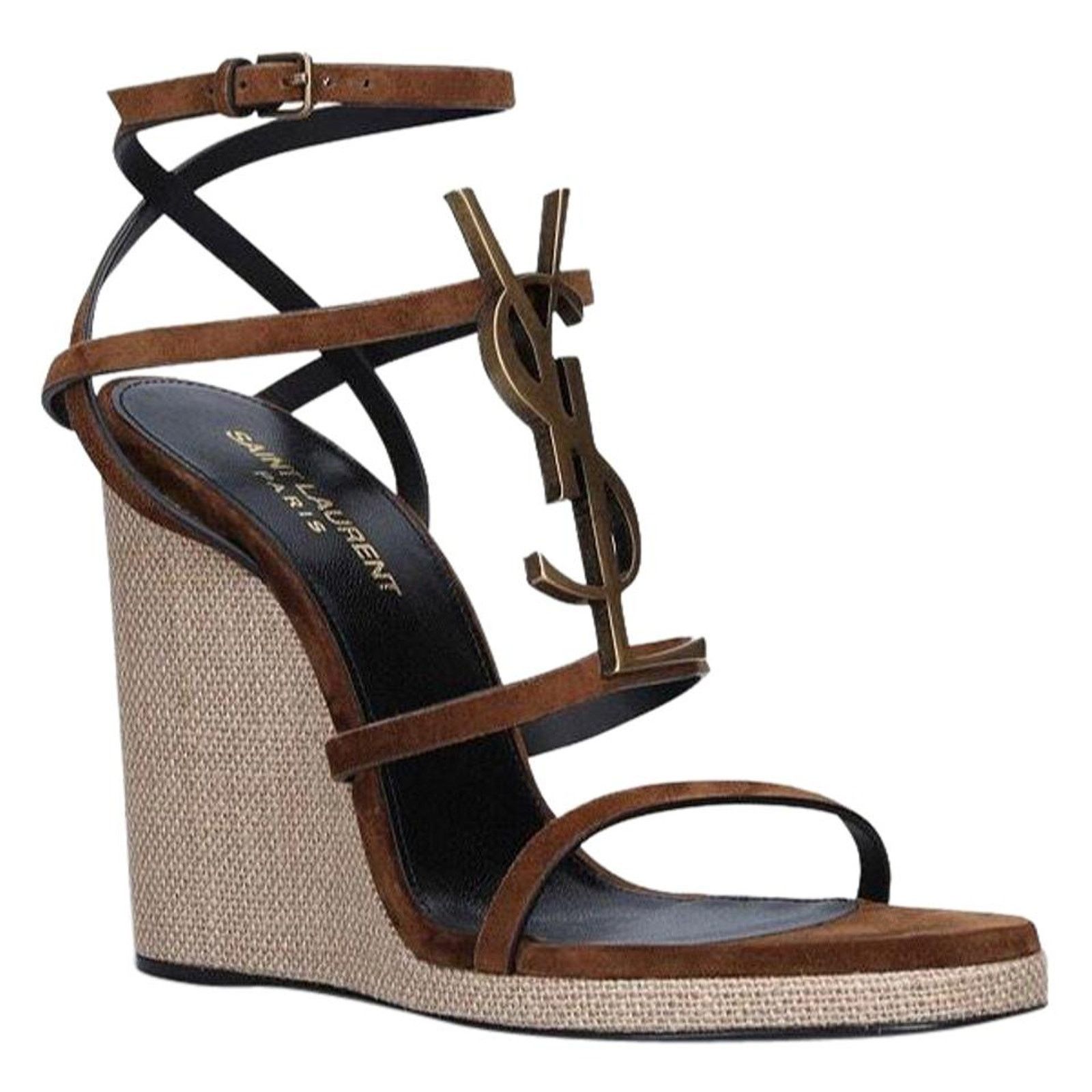 Saint Laurent Paris Cassandra 115 YSL logo suede leather wedges sandals Size US 8.5 / IT 38.5 - 1 Thumbnail