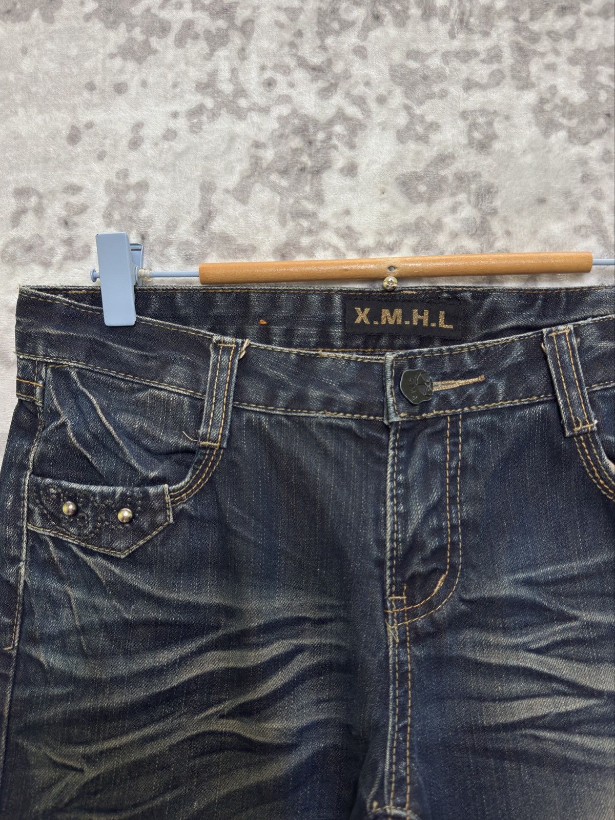 Japanese Brand Vintage X.M.H.L Y2K Mud Wash Studded Low Rise Flare Denim Size US 31 - 8 Thumbnail