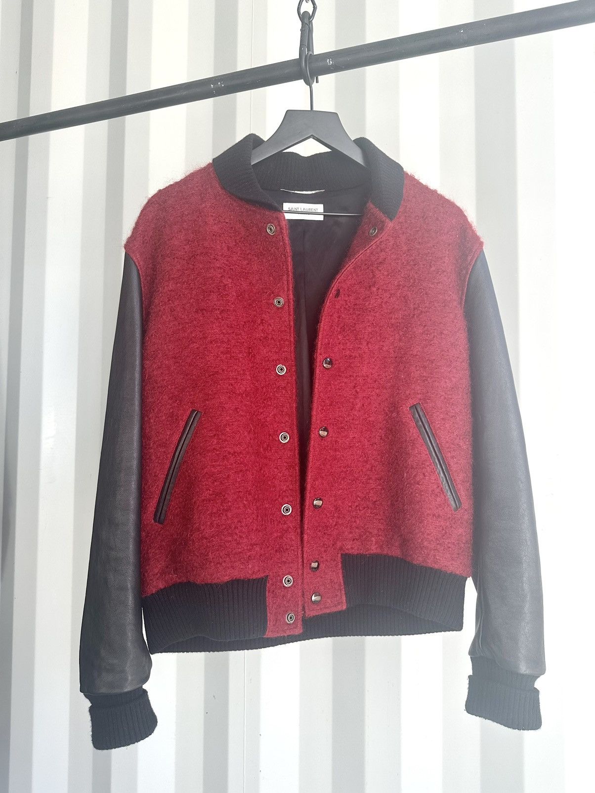 image of Saint Laurent Paris Red Mohair Teddy Bomber Jacket, Men's (Size Medium)