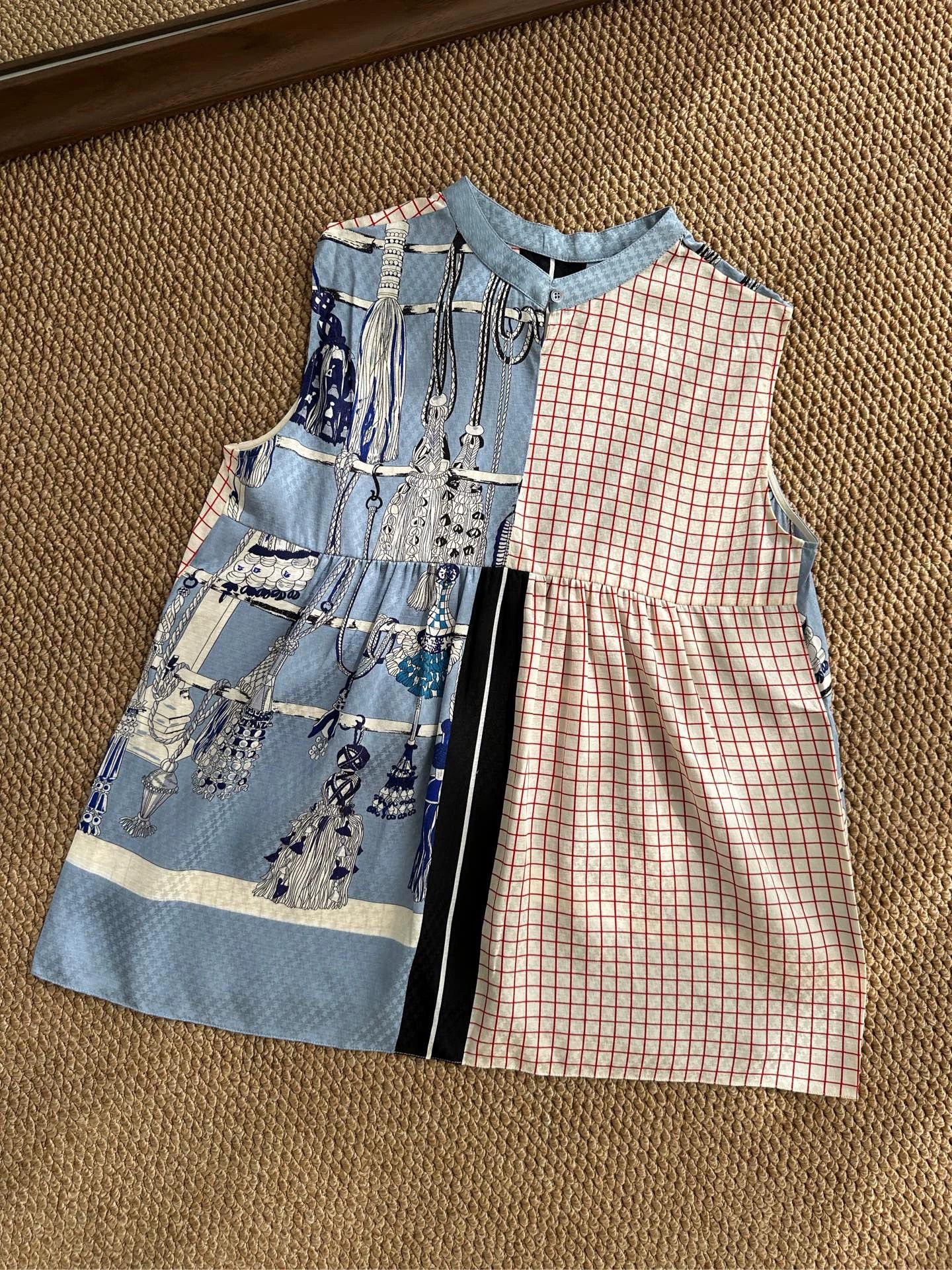 Hermes HERMES Womens Sleeveless Blue/White Silk Top Size S / US 4 / IT 40 - 3 Thumbnail