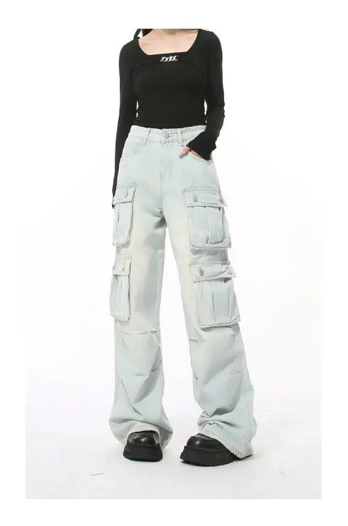 Japanese Brand × Jean Multi-pocket straight-leg wide-leg loose washed cargo jeans Size US 32 / EU 48 - 1 Thumbnail