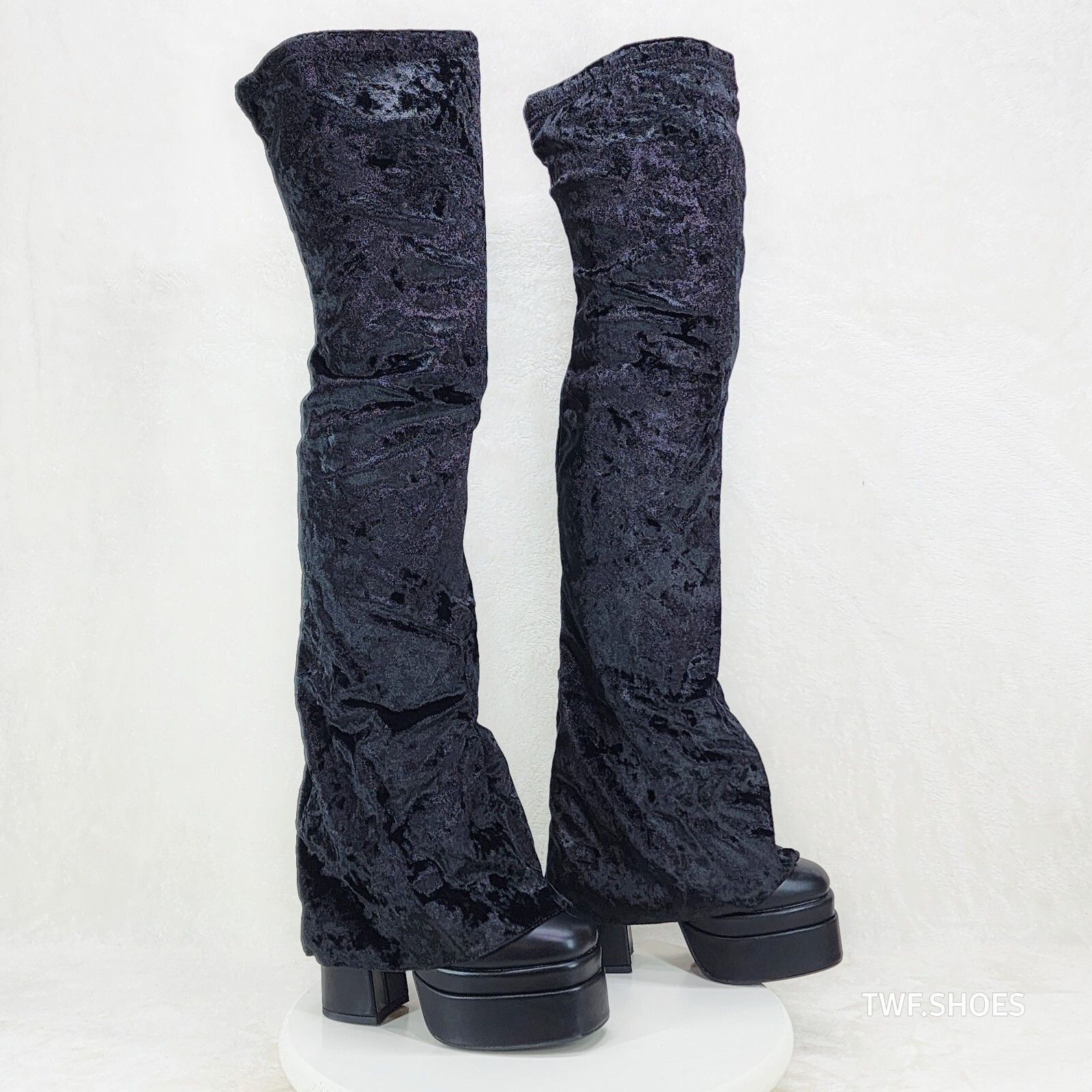 Other Unique Thigh High Black Velvet Fold over Skirted Chunky Heel Size US 7 / IT 37 - 8 Thumbnail