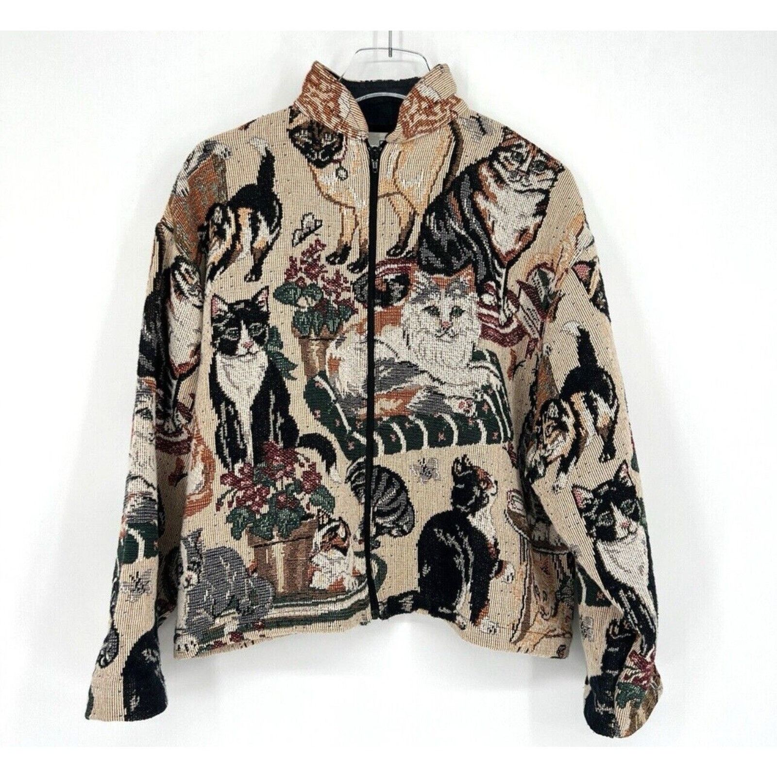 Vintage VTG Cat Kitten Tapestry Zipper Bomber Jacket Tan OSFA Size ONE SIZE - 1 Thumbnail