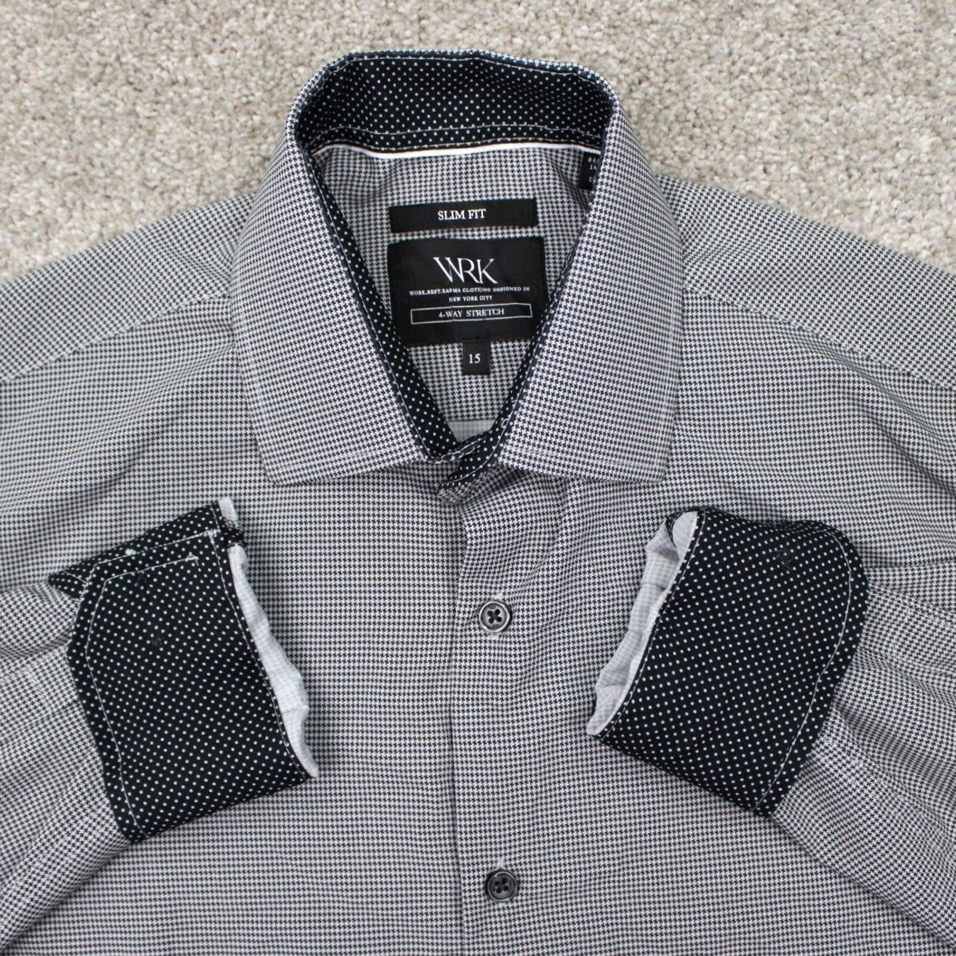 Vintage WRK Dress Shirt Mens 15 Black/White 4 Way Stretch Slim Fit L/S Button Size 40R - 2 Thumbnail
