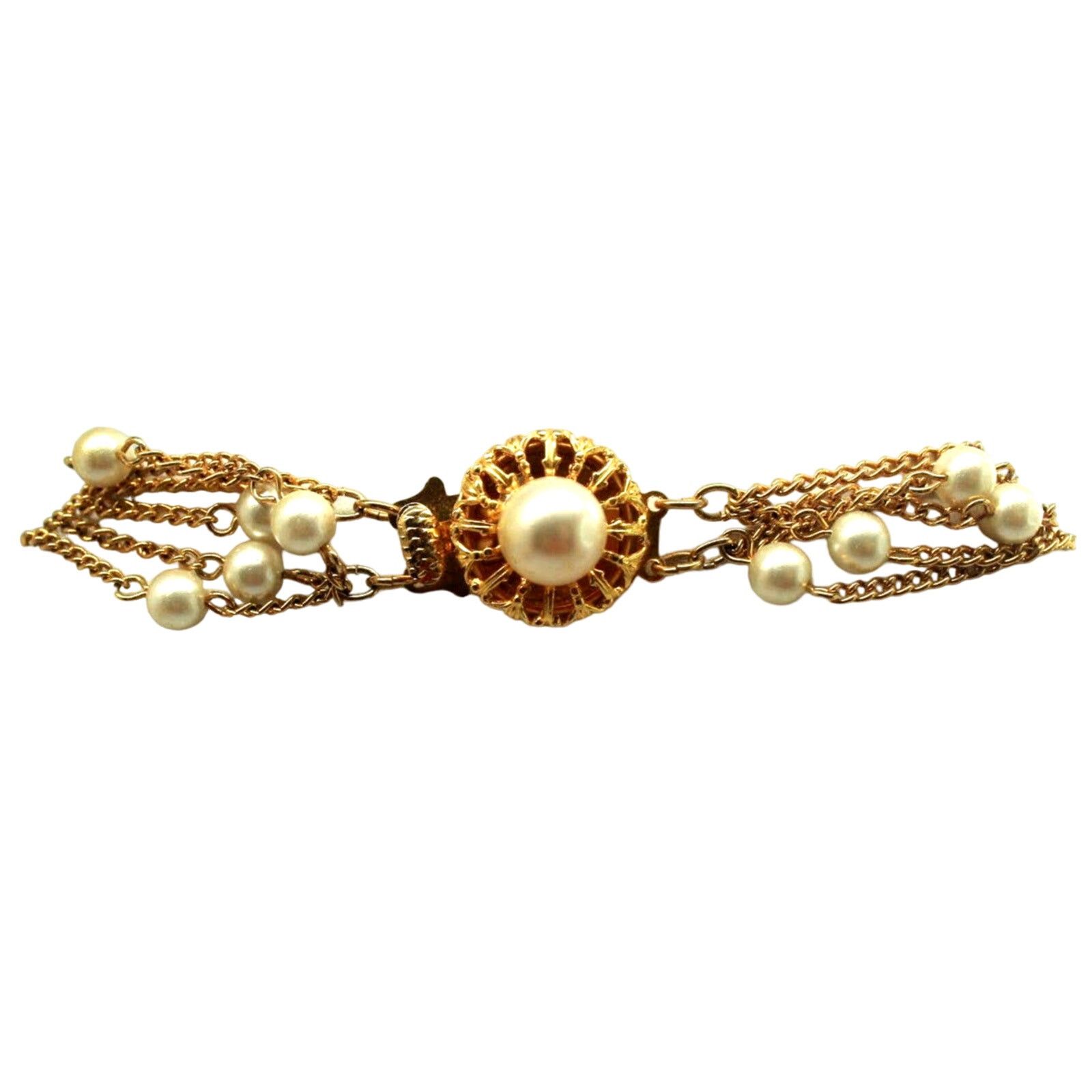 Other Six Chain Goldtone & Faux Pearl Necklace Rosette Clasp •23" Size ONE SIZE - 3 Thumbnail