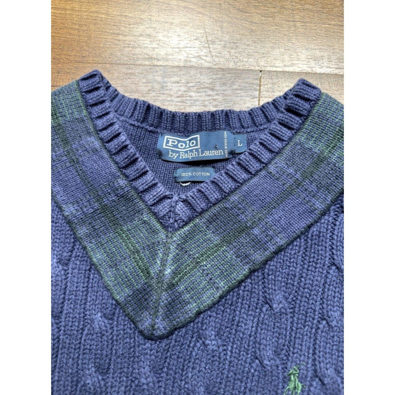 Ralph Lauren VTG Polo Ralph Lauren Cable Knit Cricket Sweater Navy Blue Plaid Collar Men's Large Size US L / EU 52-54 / 3 - 4 Thumbnail