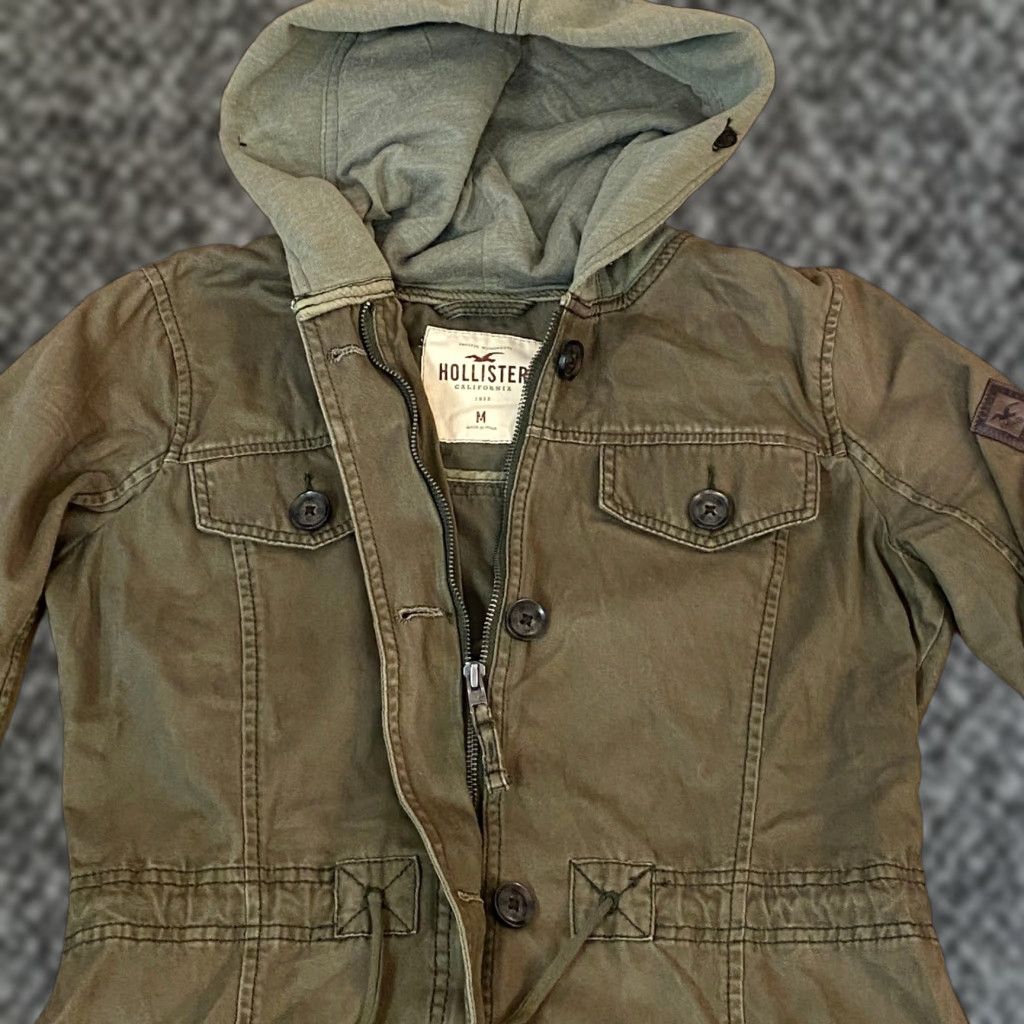 Hollister Military Jacket Womens M Olive Green Hooded Utility Jacket Casual Mid-Length Cotton Canvas