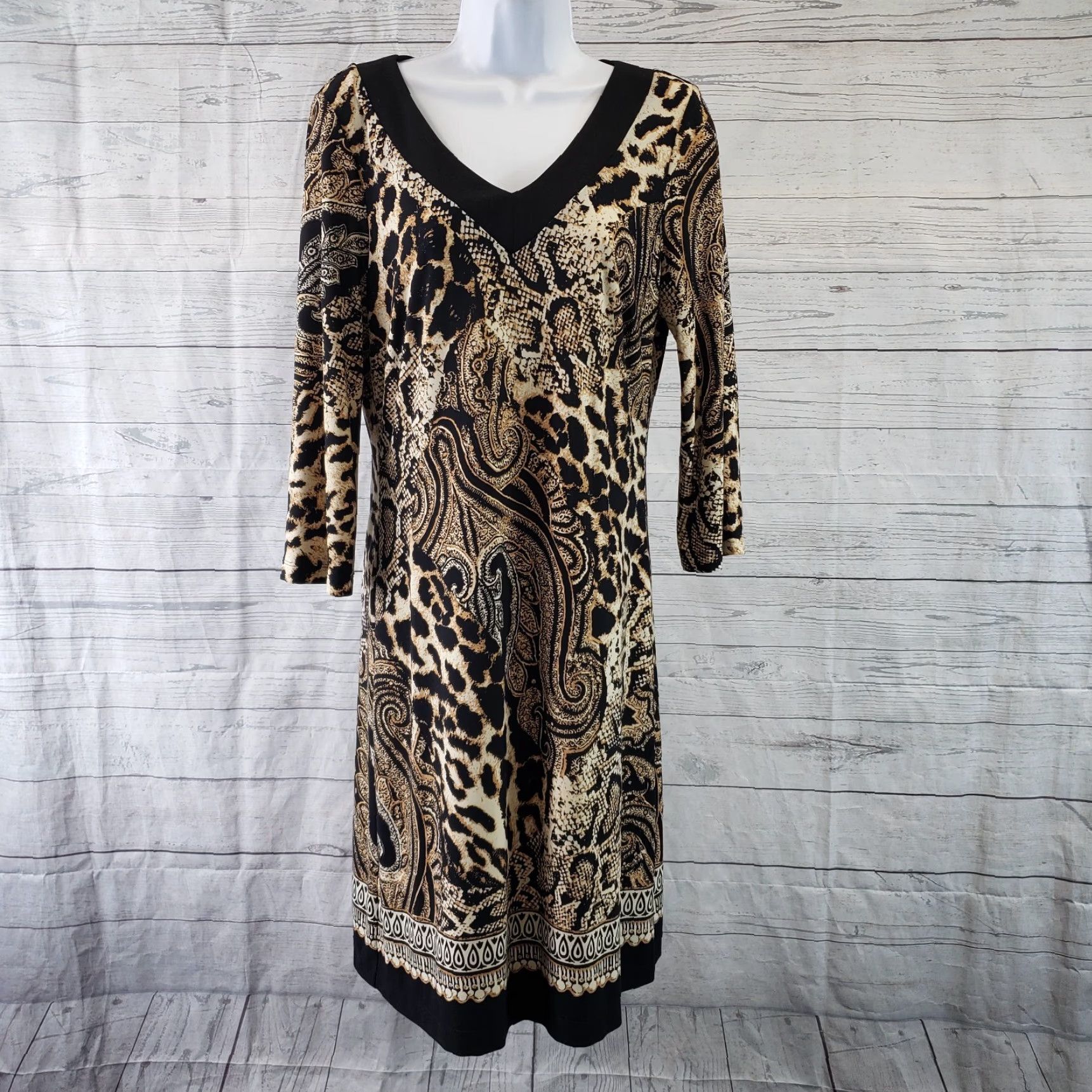 Vintage Chico's Womens Dress SZ Small Black Animal Print 3/4 Sleeve V-Neck Knee Length Shift Polyester Blend N/A Size S / US 4 / IT 40 - 2 Thumbnail
