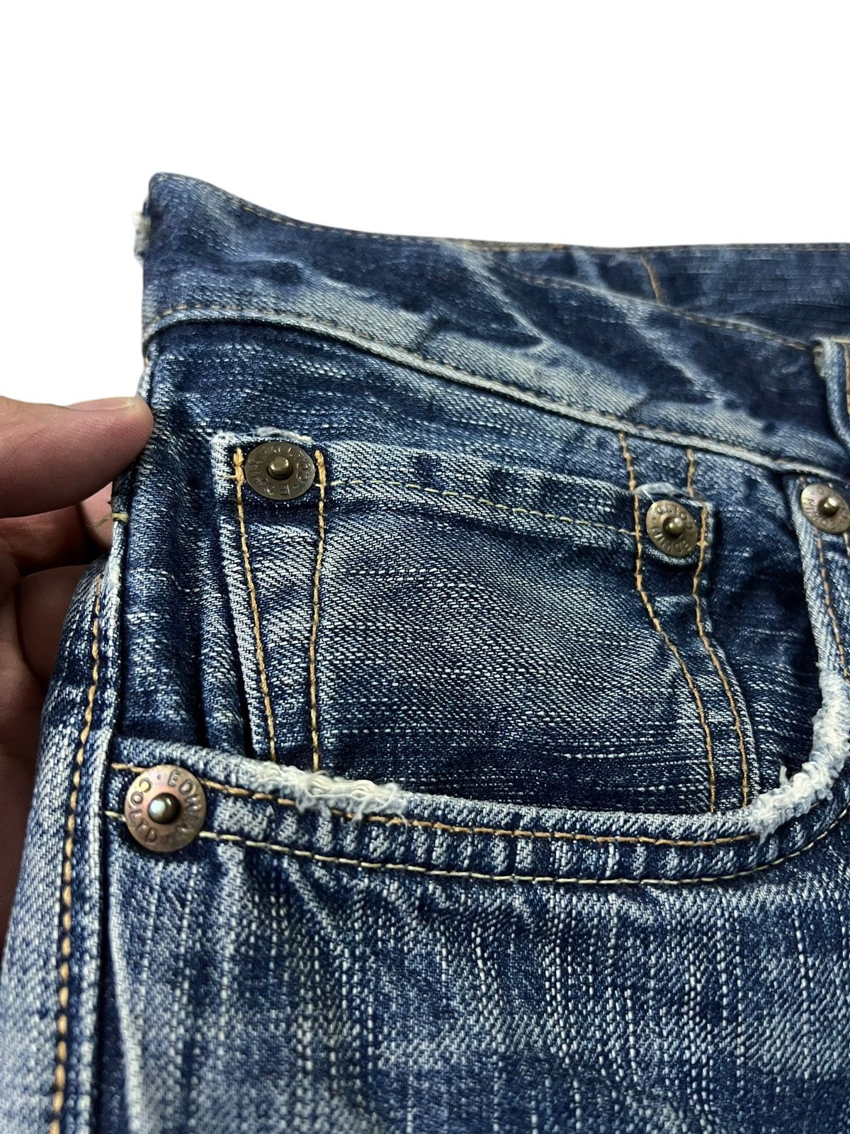 Edwin × If Six Was Nine × Le Grande Bleu (L.G.B.) 💥FLARE💥VINTAGE EDWIN 503 BLUE TRIP DISTRESS FADED JEANS Size US 34 / EU 50 - 7 Thumbnail