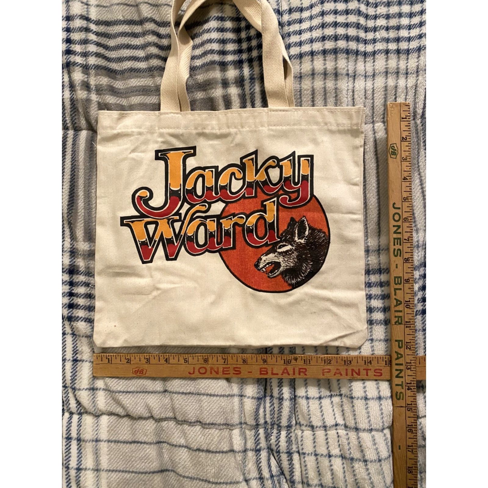 Vintage VINTAGE 70s Jacky Ward Cotton Graphic Print Tote Bag Music Band Wolf Medium Beige Boho Totes & Shoppers Adults Mens Womens? Size ONE SIZE - 5 Thumbnail