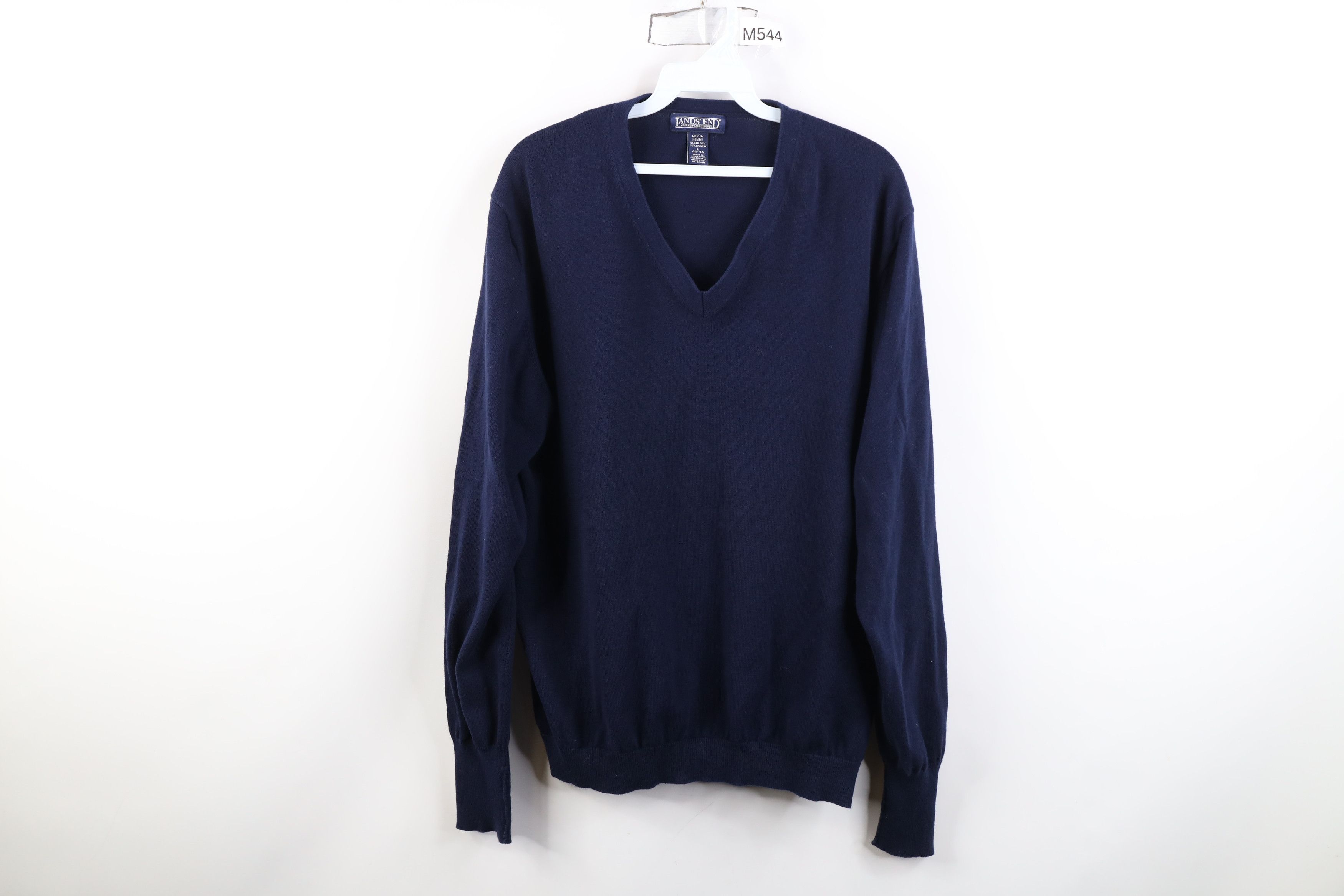 Lands' End Vintage 90s Lands End Cotton Ribbed Knit V-Neck Sweater Navy Size US L / EU 52-54 / 3 - 1 Thumbnail