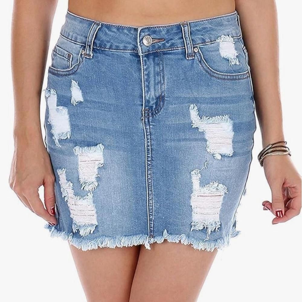 Designer Wax Jean Los Angeles Distressed Light Denim Mini Skirt Small Size 28" / US 6 / IT 42 - 1 Thumbnail