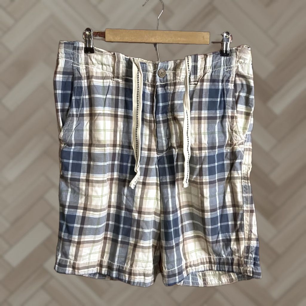 VINTAGE Abercrombie & Fitch Shorts Mens 32 Blue Tartan Plaid Cargo Baggy Casual Cotton 9in Inseam Mens