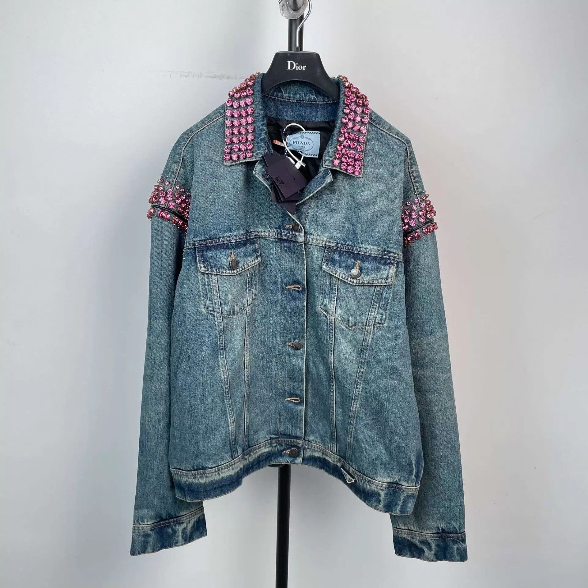 Prada Prada Crystal Denim Jacket Blue 40 98 New Size S / US 4 / IT 40 - 1 Thumbnail
