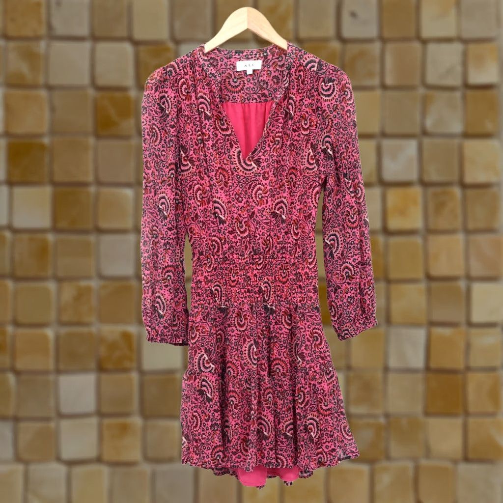 Vintage A.L.C Mini Dress Silk Sari 100% Silk Pink Black Long Sleeve V-Neck Zip Party/Cocktail Casual Sz 4 Womens Size S / US 4 / IT 40 - 1 Thumbnail
