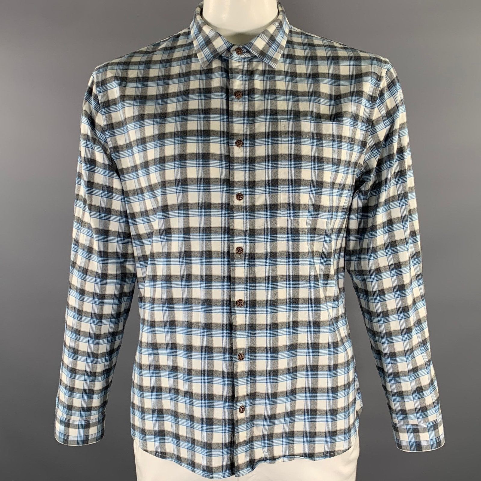 ATM ATM Gray Blue Plaid Cotton Elbow Patches Long Sleeve Shirt Size US L / EU 52-54 / 3 - 1 Thumbnail