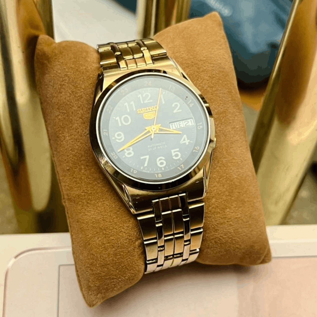 image of Authentic Seiko 5 Japan 7S26 Gold Day Date Display, Men's