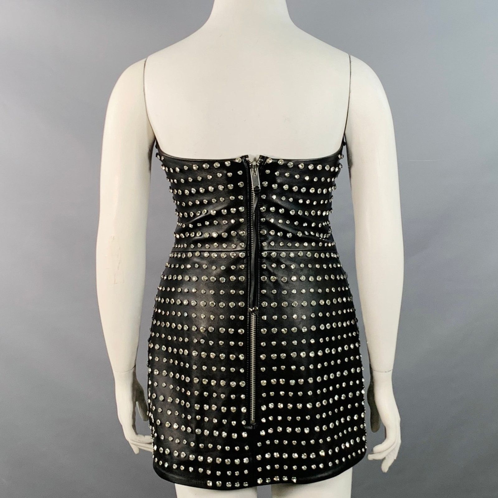 Retrofete L Black Silver Leather Strapless Crystal Studded Mini Dress Size L / US 10 / IT 46 - 4 Thumbnail