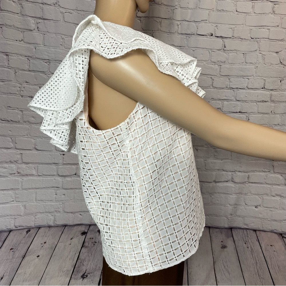 J.Crew J. Crew White One-Shoulder Ruffle Eyelet Cotton Top Size 2 Size XS / US 0-2 / IT 36-38 - 4 Thumbnail