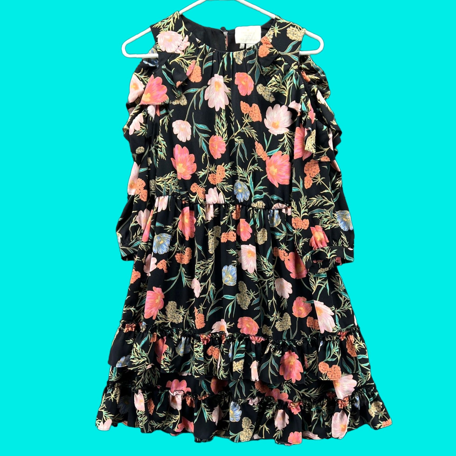 Vintage VINTAGE Kate Spade Dress Womens 4 Black Floral Fit & Flare Cold Shoulder Ruffle Mini Size S / US 4 / IT 40 - 1 Thumbnail