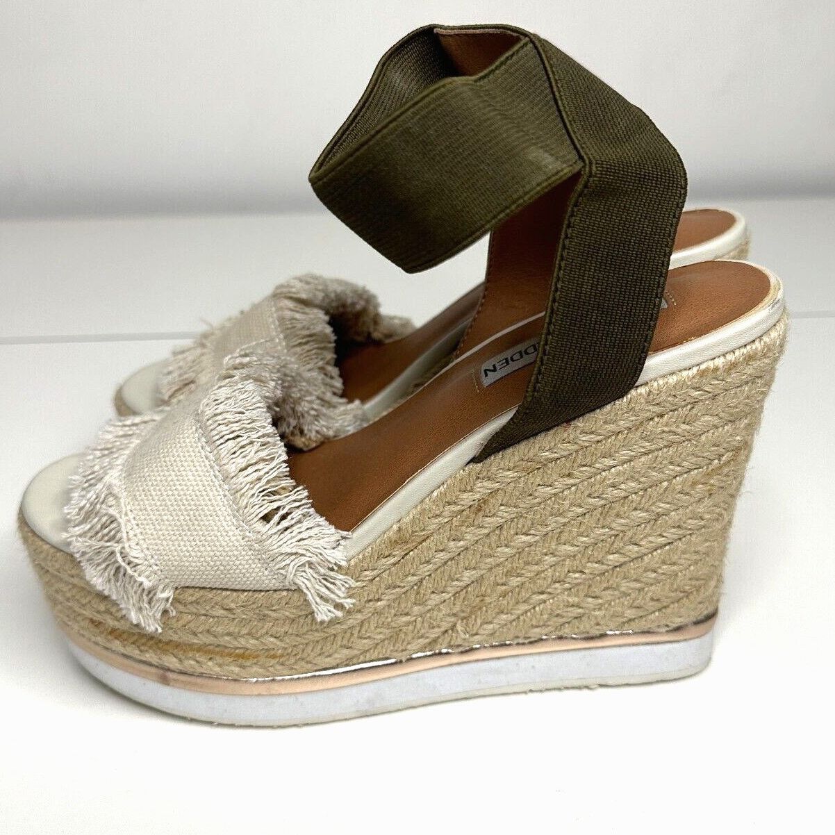 Steve Madden Steve Madden Wedge Beige Canvas Green Ankle Espadrilles 5.5 Size US 5.5 / IT 35.5 - 5 Thumbnail