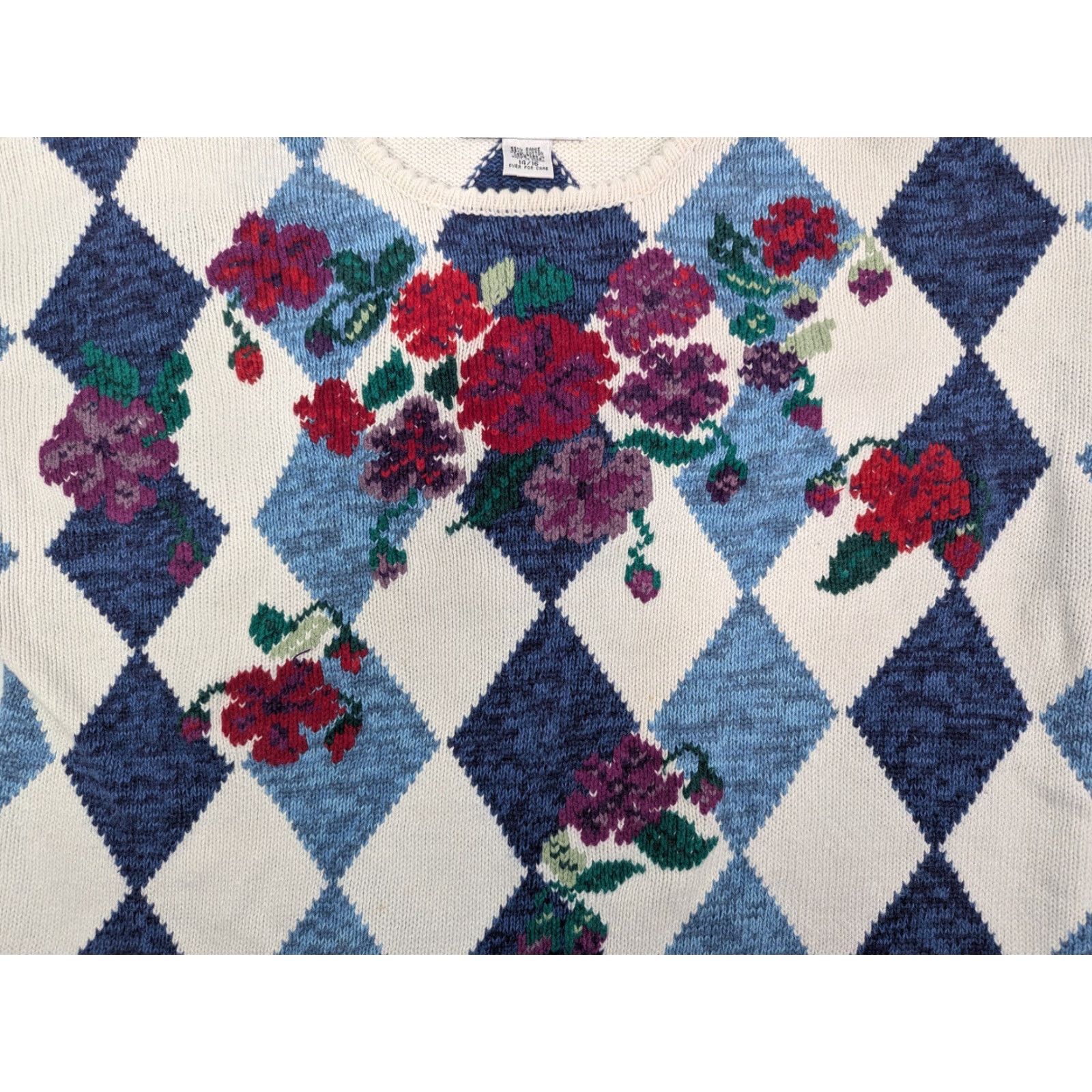 Vintage VINTAGE Jacque & KoKo Floral Diamond Argyle L/S Sweater Size 14/16 Ramie/Cotton Size XL / US 12-14 / IT 48-50 - 3 Thumbnail