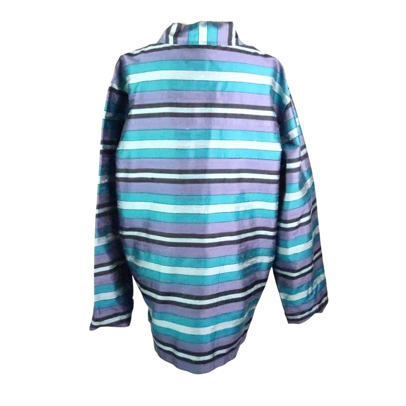 JM Collection VINTAGE JM Collection Jacket Blue Stripe Silk 90s Bohemian Women M Long Sleeve Button Front Casual Workwear Size M / US 6-8 / IT 42-44 - 4 Thumbnail