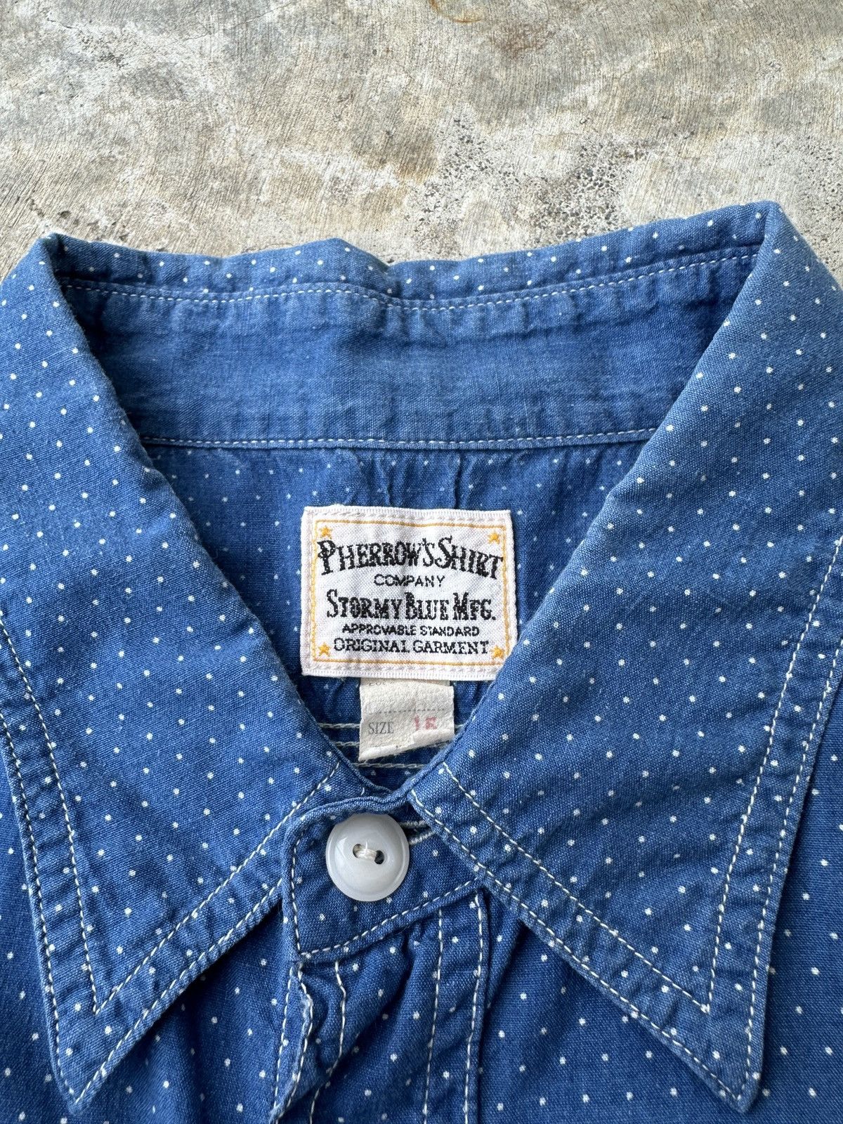Pherrow's STORMY BLUE Union polka dotted indigo cotton work shirt Size US S / EU 44-46 / 1 - 6 Thumbnail