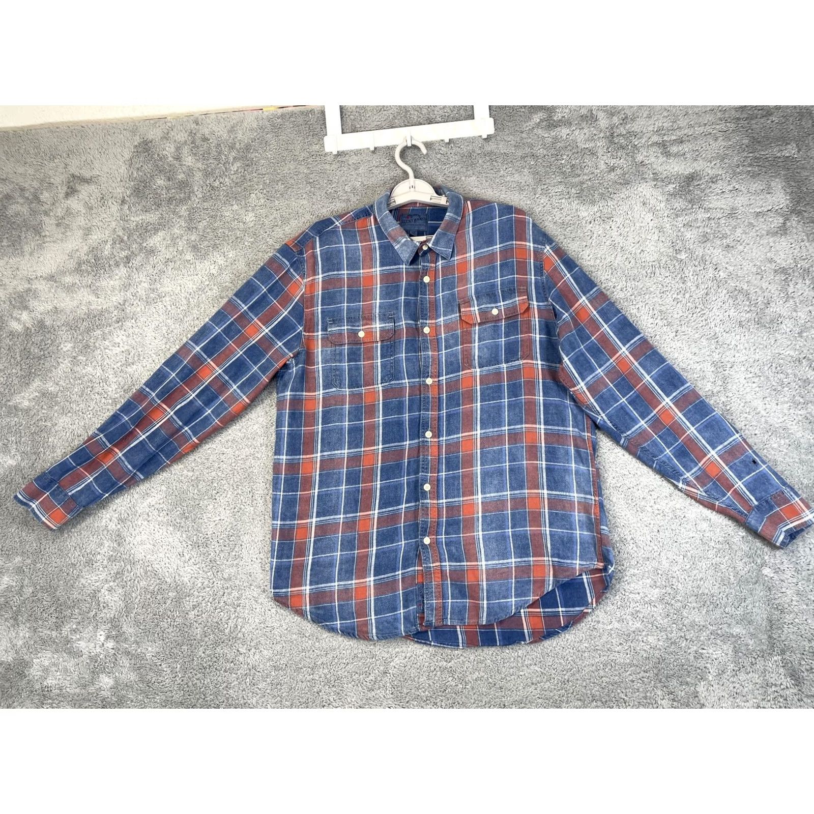 Lucky Brand VINTAGE Lucky Brand Shirt Mens Large Blue Orange Plaid Flannel True Indigo 7MD41343 Size US L / EU 52-54 / 3 - 4 Thumbnail