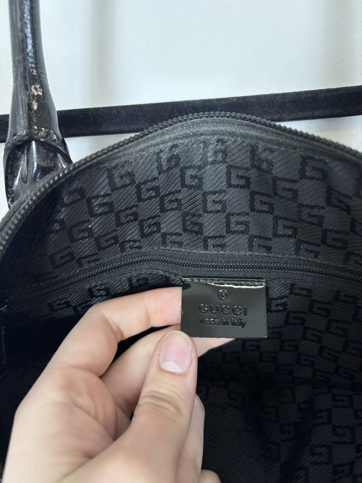 Gucci Gucci Canvas Patent Leather Gray Black Shoulder Handle Bag Size ONE SIZE - 14 Thumbnail