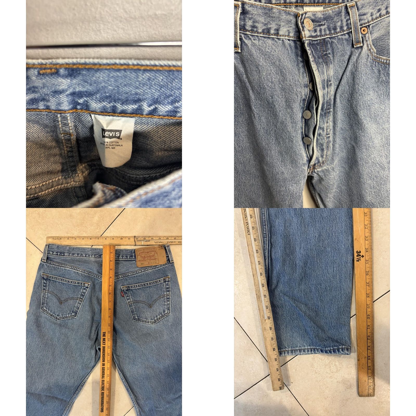Levi's Levis 501 Jeans Mens 36x34 Light Wash Blue Denim Button Fly Straight Leg Classic Size US 36 / EU 52 - 8 Thumbnail