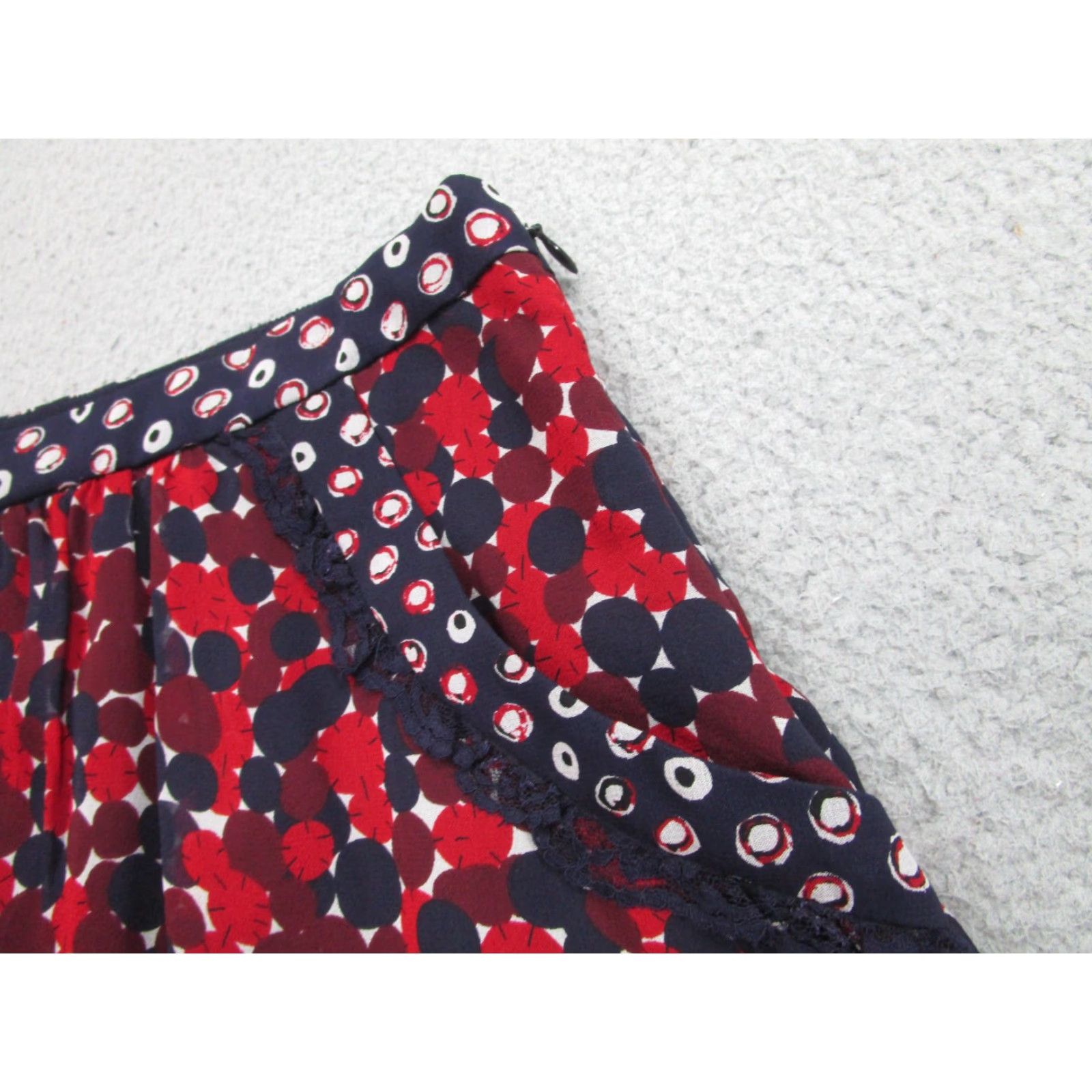 Diane von Furstenberg Skirt Womens 8 Red Silk A-Line Polka Dot Lace Trim Chiffon