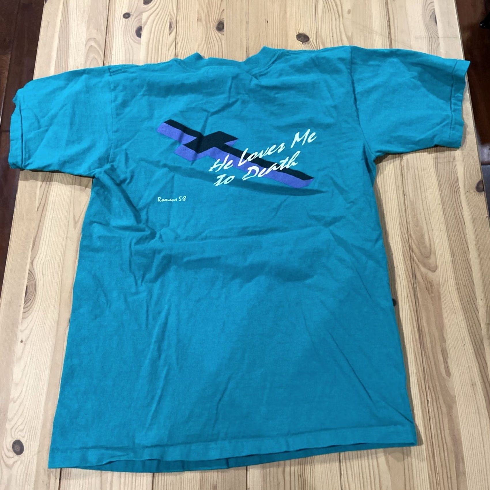 Vintage VINTAGE He Loved Me To Death Cross T Shirt Romans 5:8 Teal SMARtex Men M Short Sleeve Crew Neck USA 1990s Funny Quotes Shirt Size US M / EU 48-50 / 2 - 6 Thumbnail