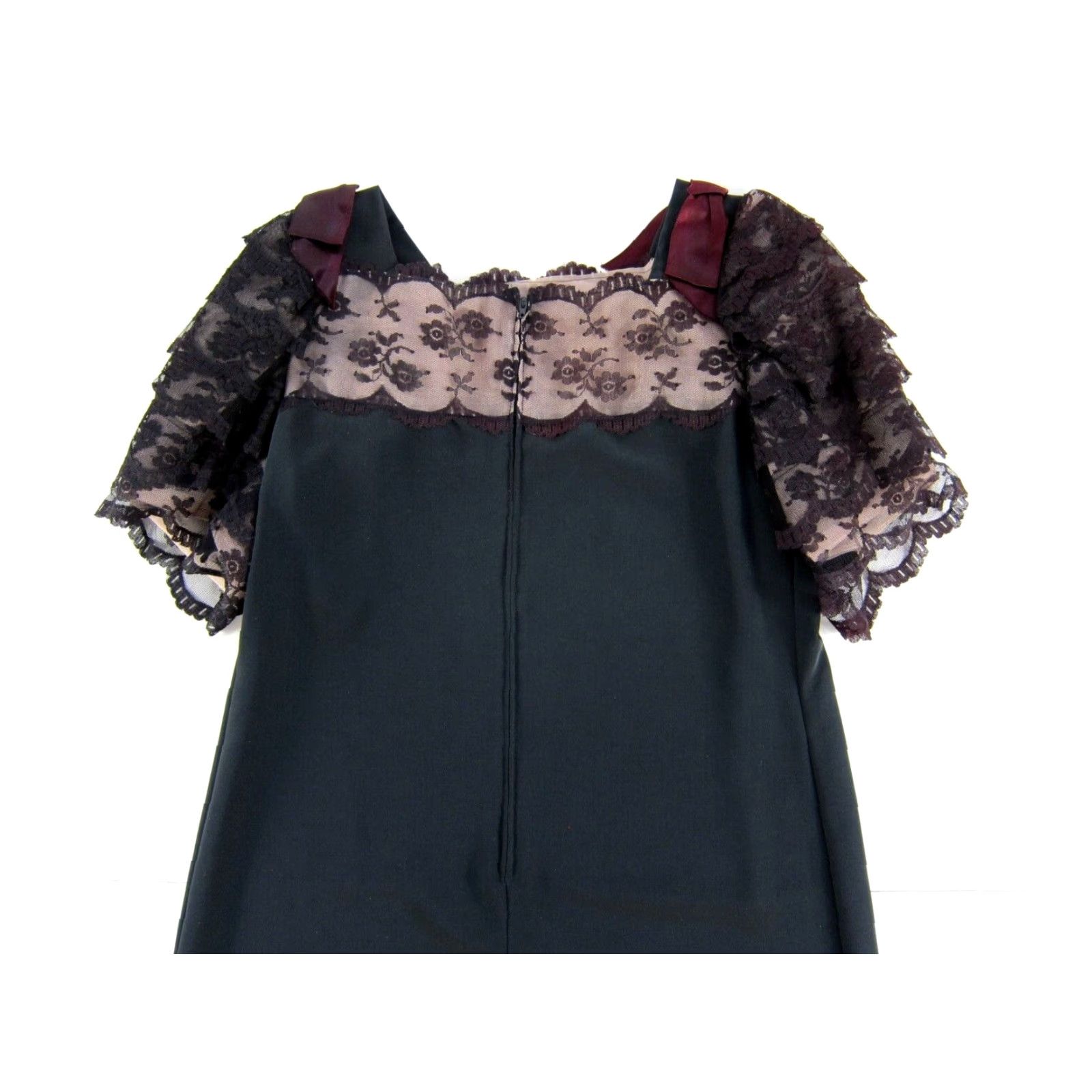 Vintage VINTAGE Black Silky Burgundy Lace Bow Short Sleeve Tunic Smock Dress Large Size 36" / US 14 / IT 50 - 4 Thumbnail