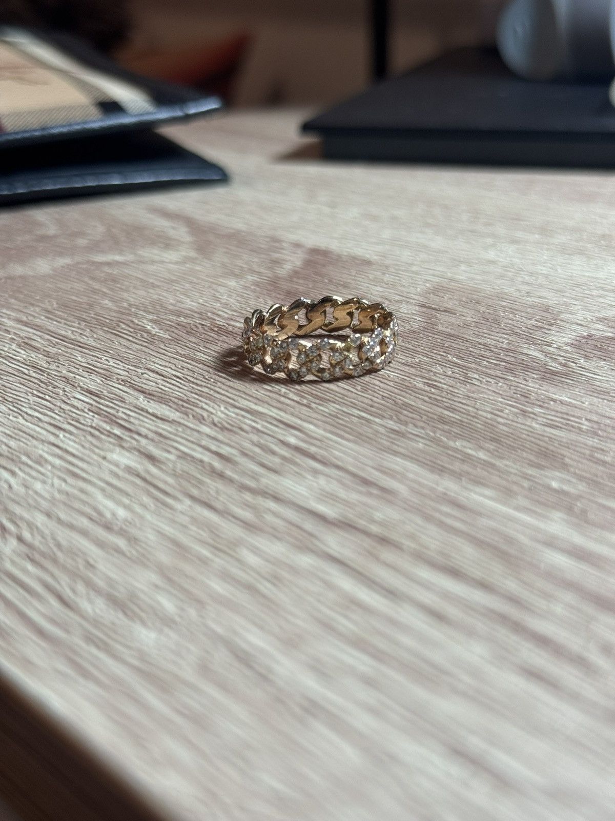 Jewelry 14K Solid Gold Iced Cuban Link Ring w/ Natural Diamonds Size ONE SIZE - 3 Thumbnail