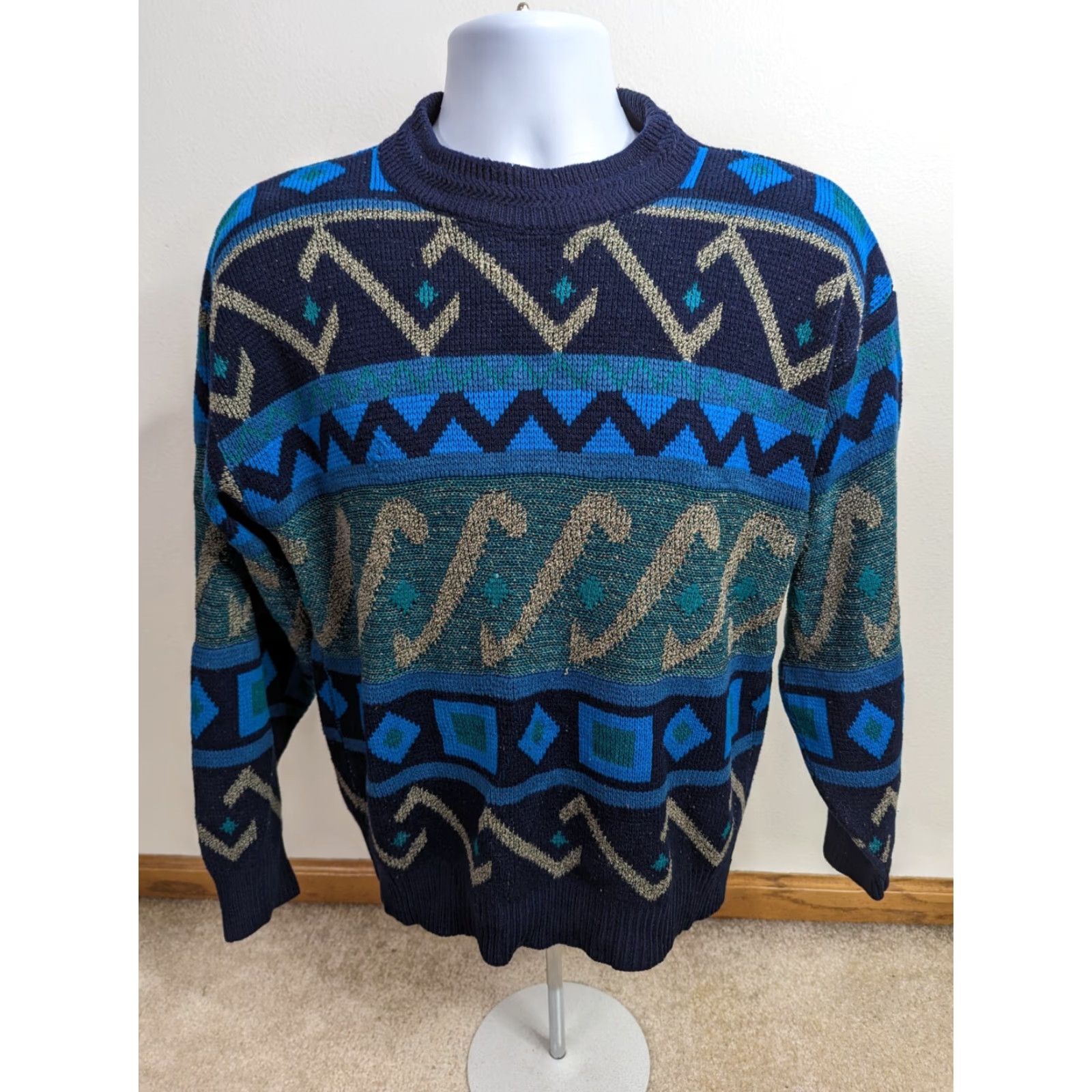Vintage VINTAGE Expressions Geometric Cosby Sweater Mens L Crewneck Jumper 80s 90s Blue Holiday Fall Winter Size US L / EU 52-54 / 3 - 2 Thumbnail