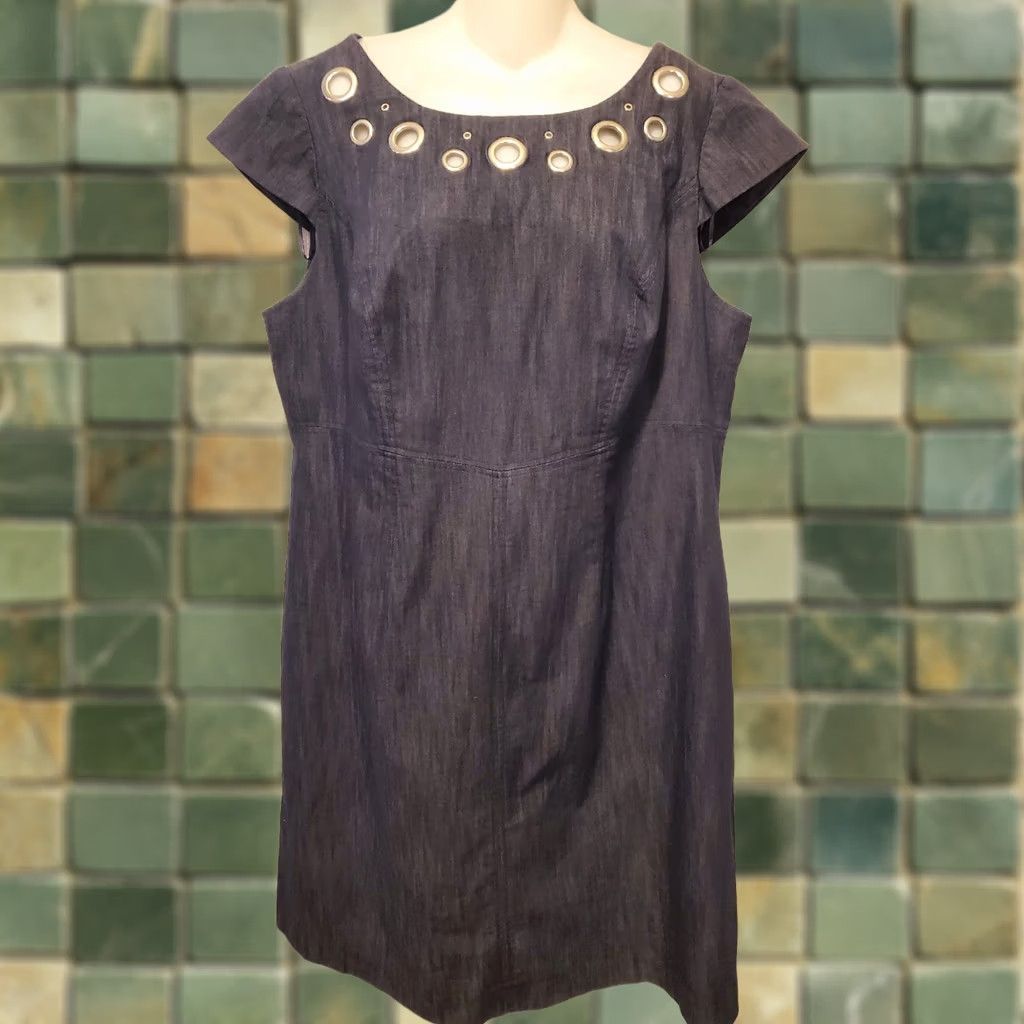 Vintage Sandra Darren Dark Chambray Denim cut out collar Dress Size 16W Office Cottage Size XXL / US 16-18 / IT 52-54 - 1 Thumbnail